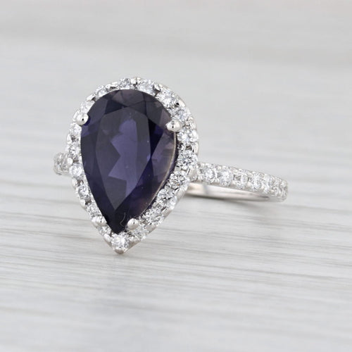 3.37ctw Blue Iolite Diamond Halo Teardrop Ring 14k White Gold Sz 6.75 Engagement