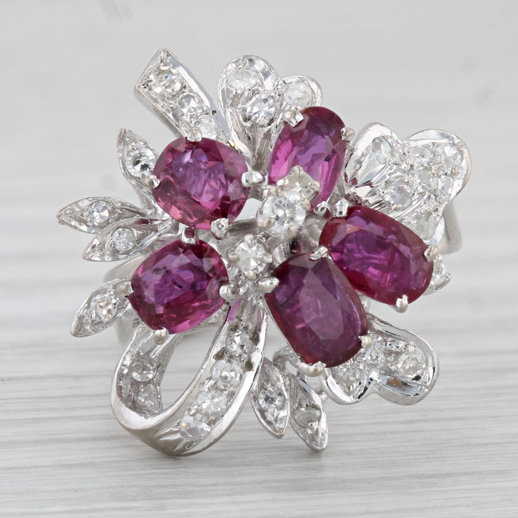 Light Gray 3.19ctw Ruby Diamond Cluster Flower Ring Gold Silver Palladium Size 7 Cocktail