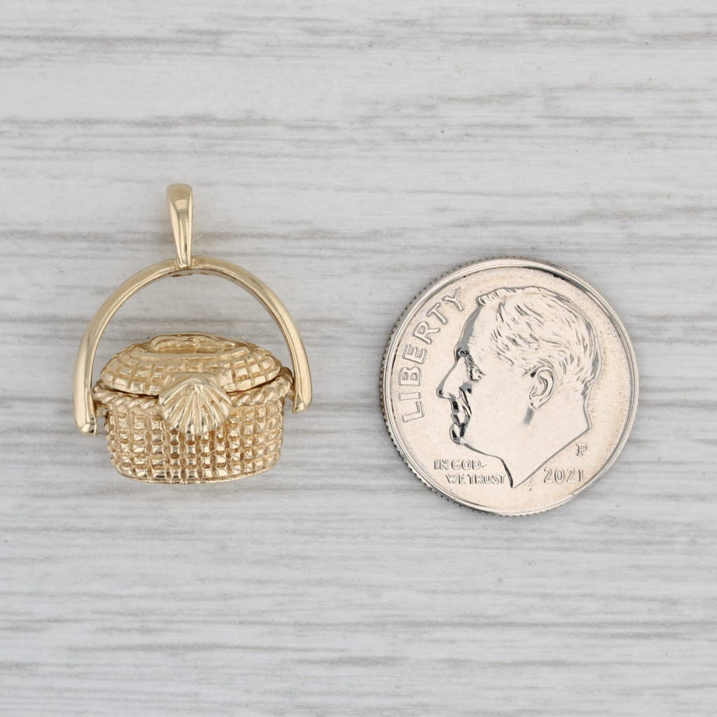 Gray Nantucket Picnic Basket Pendant 14k Yellow Gold Open Lucky Penny Inside 3D Charm