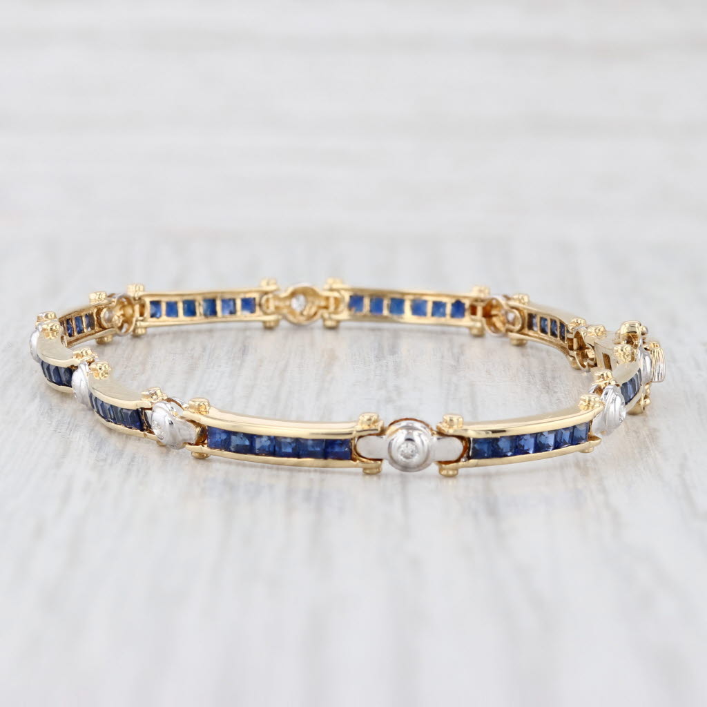 Light Gray 2.60ctw Blue Sapphire Diamond Bar Link Tennis Bracelet 18k Yellow Gold 6.75"