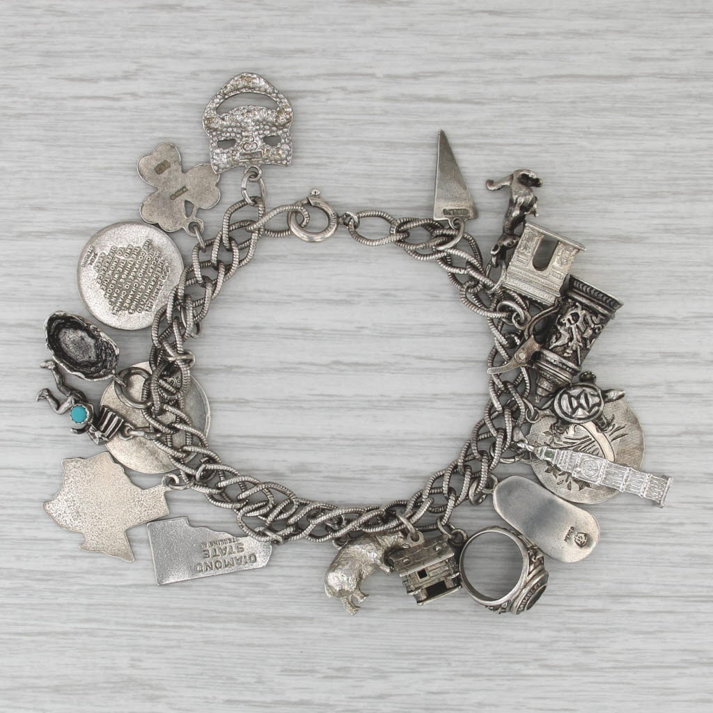 Vintage Multi-themed Charm Bracelet Sterling Silver Travel Luck Animal 7"