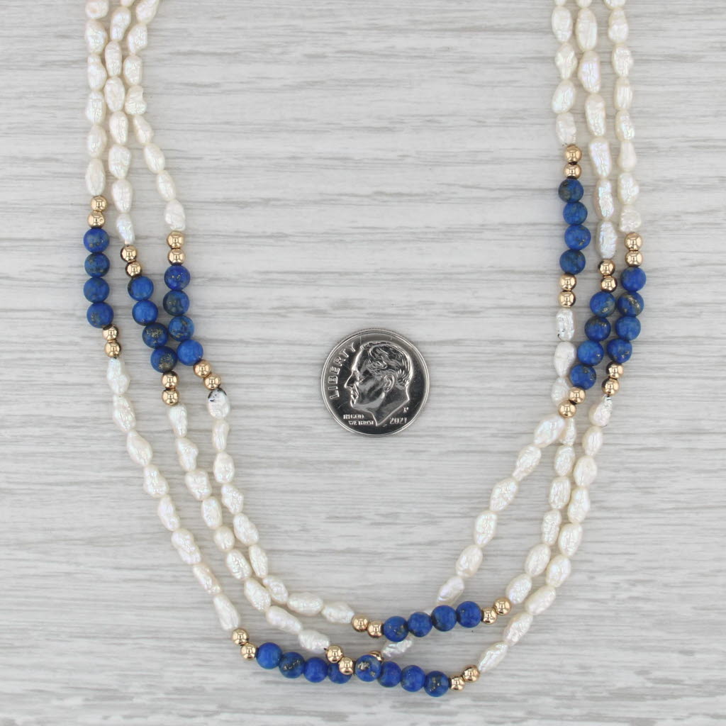 Pearl Lapis Lazuli 3-Strand Bead Necklace 14k Yellow Gold 18.25"
