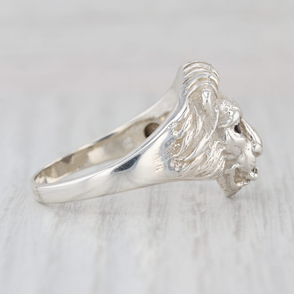 Lions Head Ring Garnet Diamond Sterling Silver Size 13.25