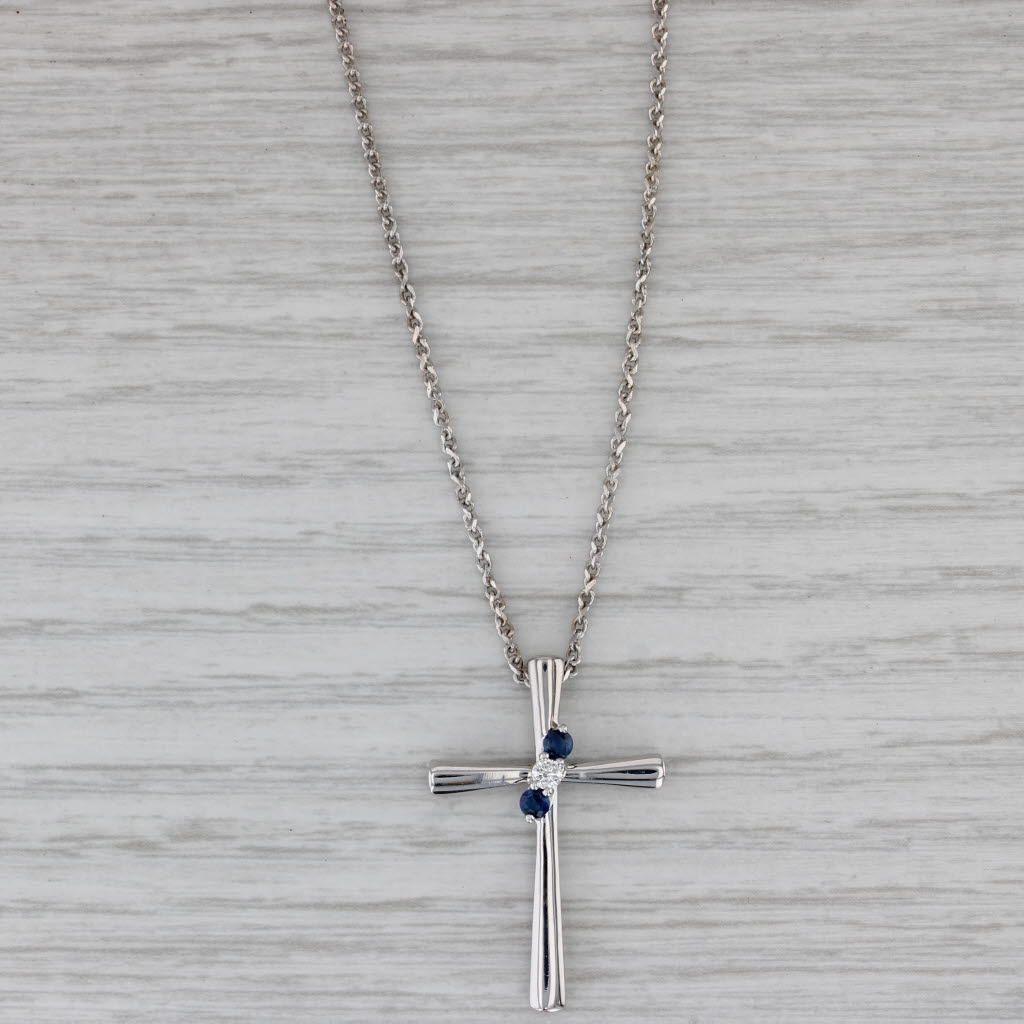 Gray 0.21ctw Blue Sapphire Diamond Cross Pendant Necklace 14k Gold 20" Rolo Chain