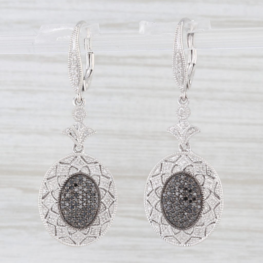 Light Gray 0.45ctw Black and White Diamond Lever Back Sterling Silver Drop Earrings