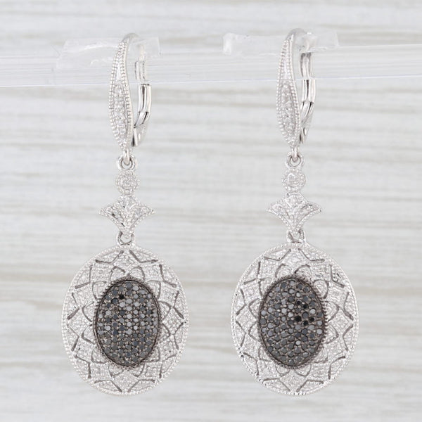 0.45ctw Black and White Diamond Lever Back Sterling Silver Drop Earrings