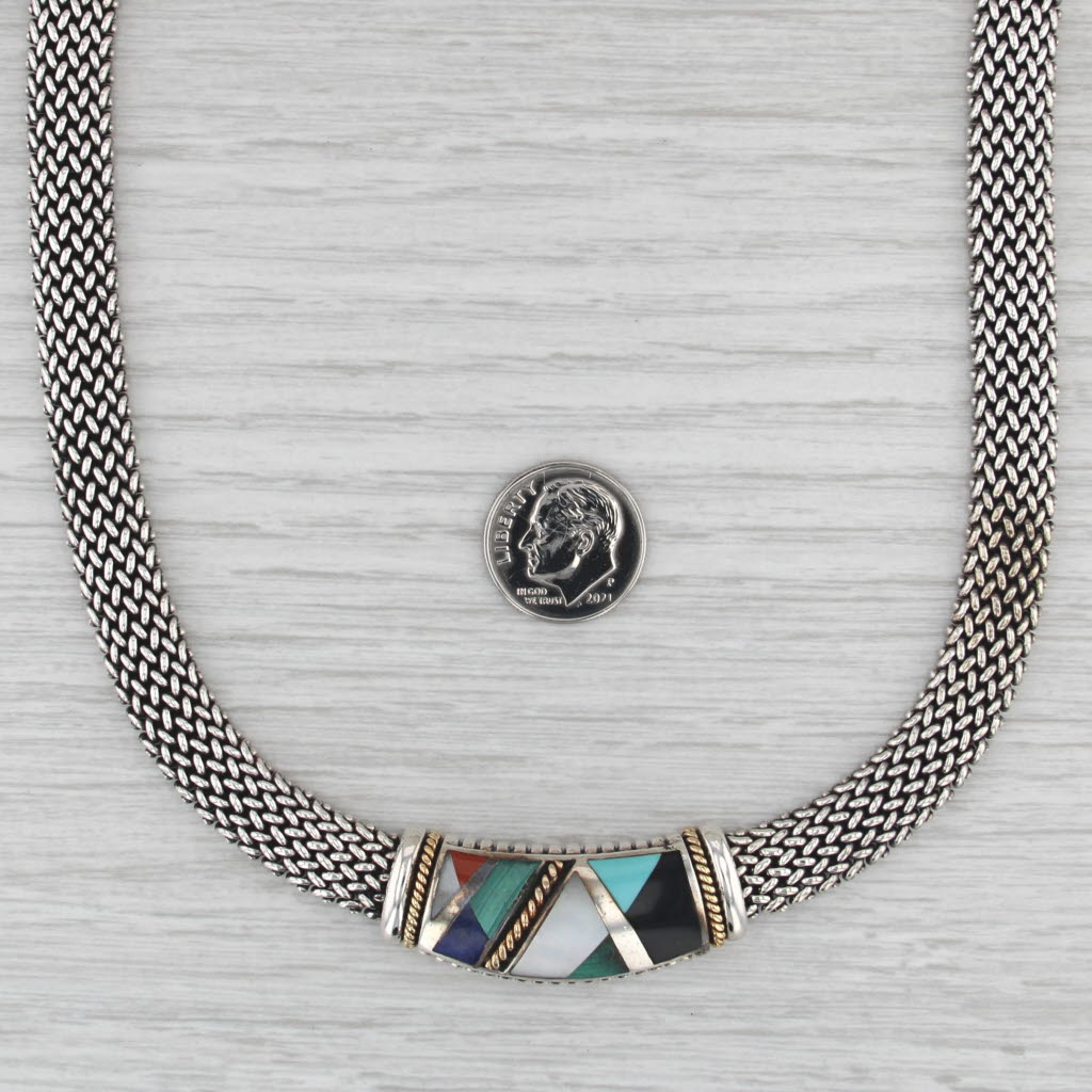 Asch Grossbardt Stone Mosaic Necklace Sterling Silver 18k Gold Mesh Chain 17.25"