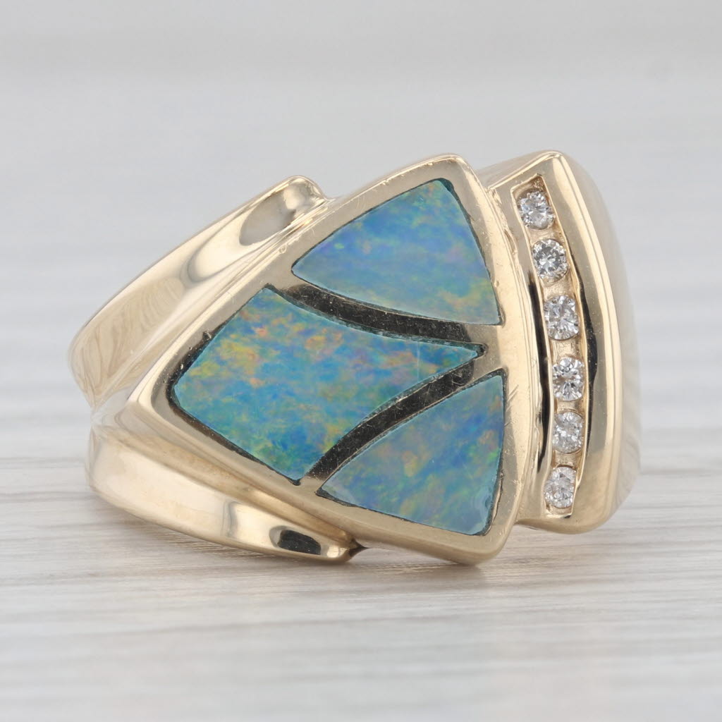 Gray Inlayed Blue Green Opal Mosaic Diamond Ring 14k Yellow Gold Size 7