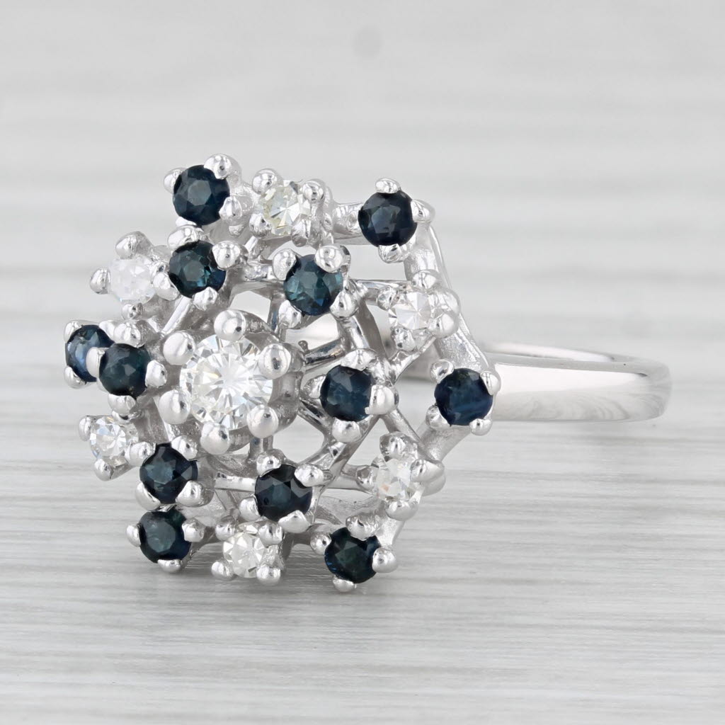 Light Gray 0.75ctw Diamond Blue Sapphire Cluster Ring 14k White Gold Size 6.75 Cocktail