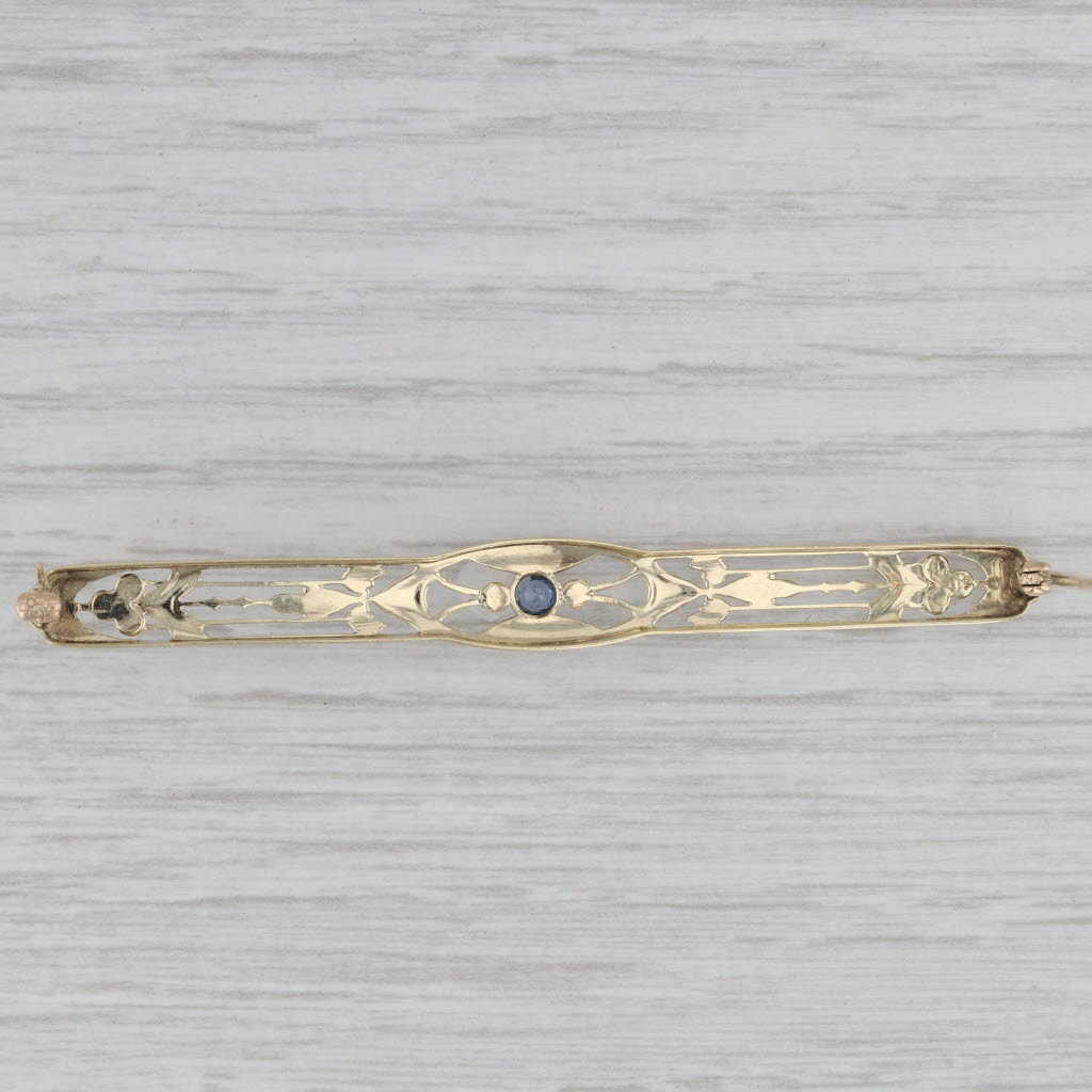 Gray Art Deco Floral Blue Sapphire Cultured Pearl Bar Pin 14k Yellow Gold Brooch