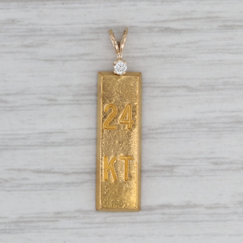 24k 1/8oz Gold Bar Pendant Diamond Accent Yellow Gold Small Drop 14k Bail