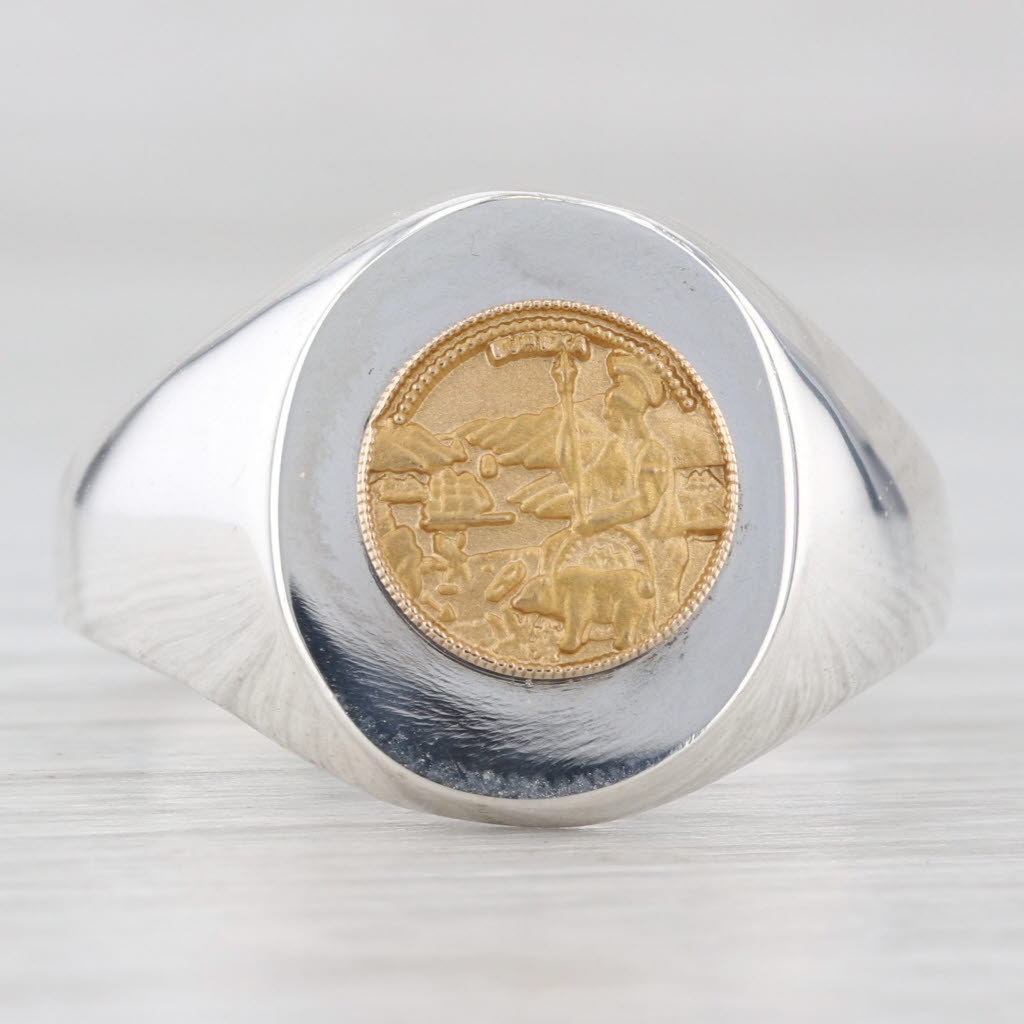 Light Gray Eureka Coin Signet Ring Sterling Silver 14k Gold Size 12 Men's