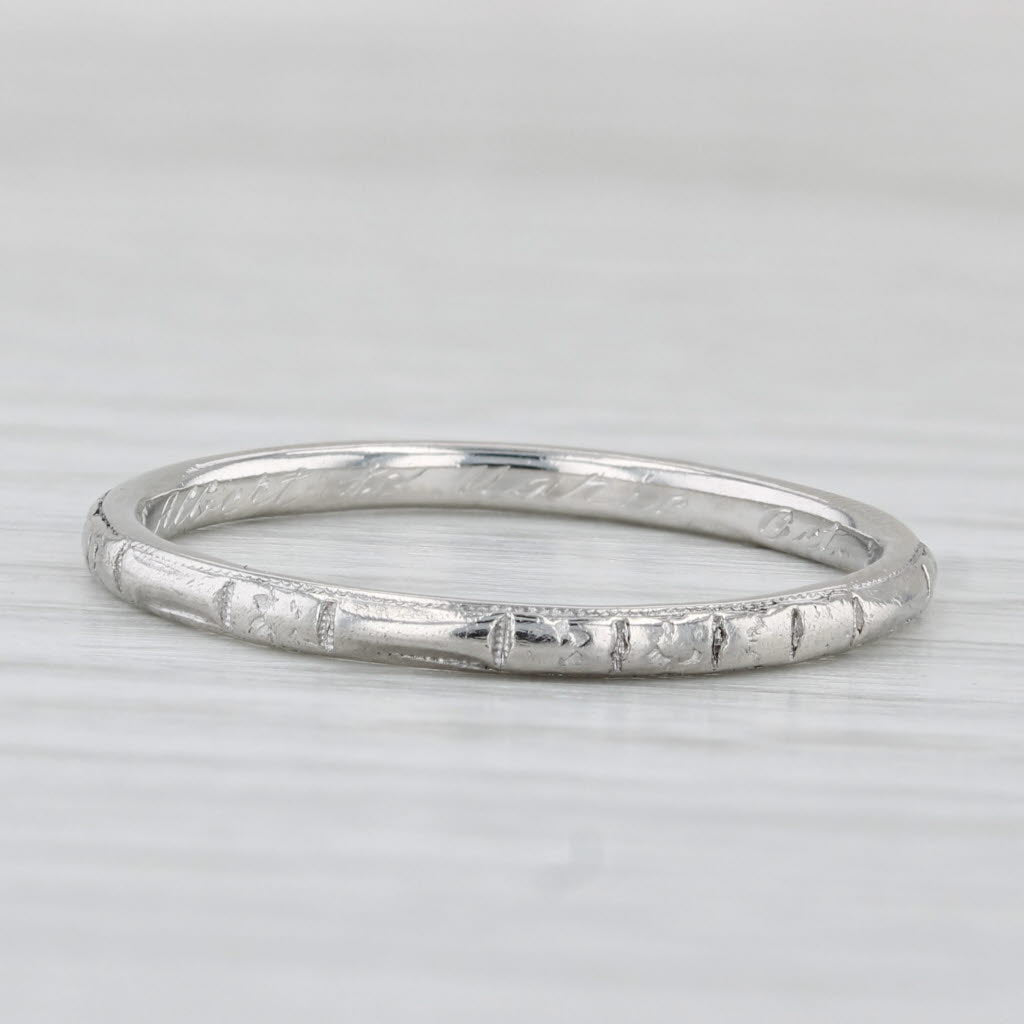 Light Gray Etched Pattern Wedding Band Platinum Size 10.25 Stackable Ring Engraved