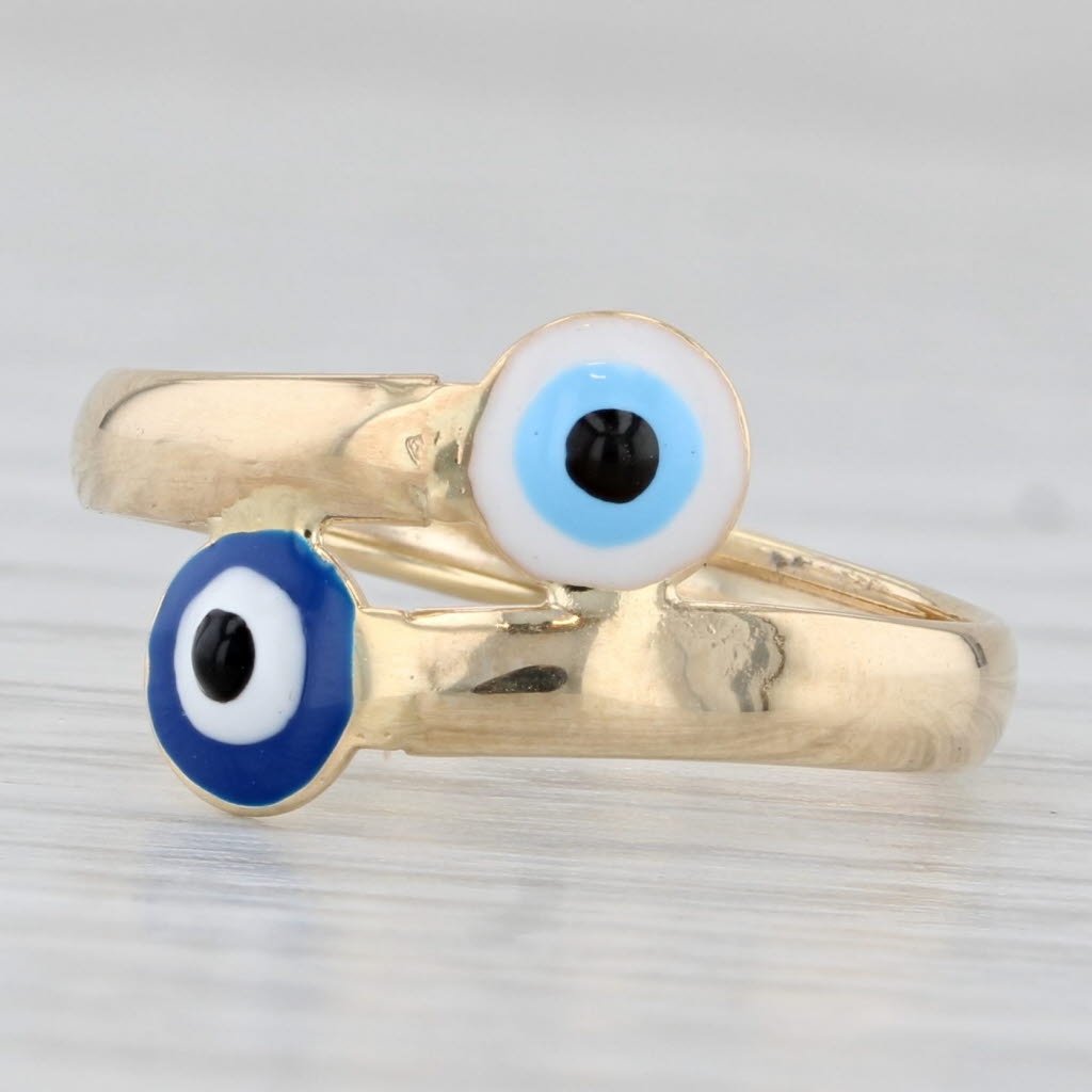 Light Gray New Enamel All Seeing Eye of Deity Bypass Ring 14k Yellow Gold Size 6