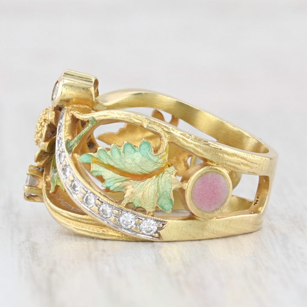 Light Gray Masriera 0.47ctw Diamond Flower Ring 18k Yellow Gold Enamel Size 6.5 Statement