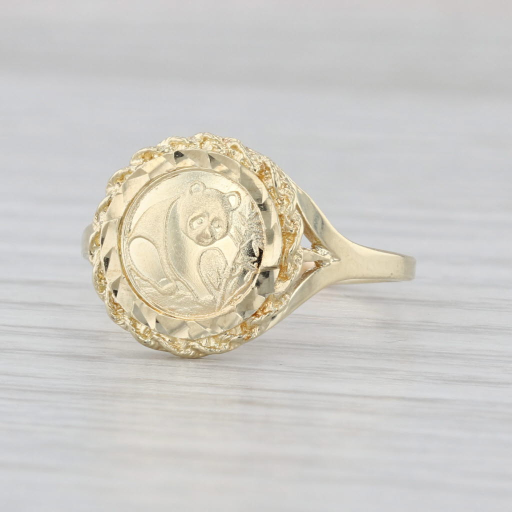 Chinese Panda Copy Coin Signet Ring 10k Yellow Gold Size 9.25