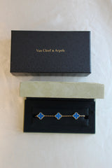 Gray Van Cleef Arpels VCA Alhambra Blue Agate Clover Bracelet 18k Gold 7.25" Box