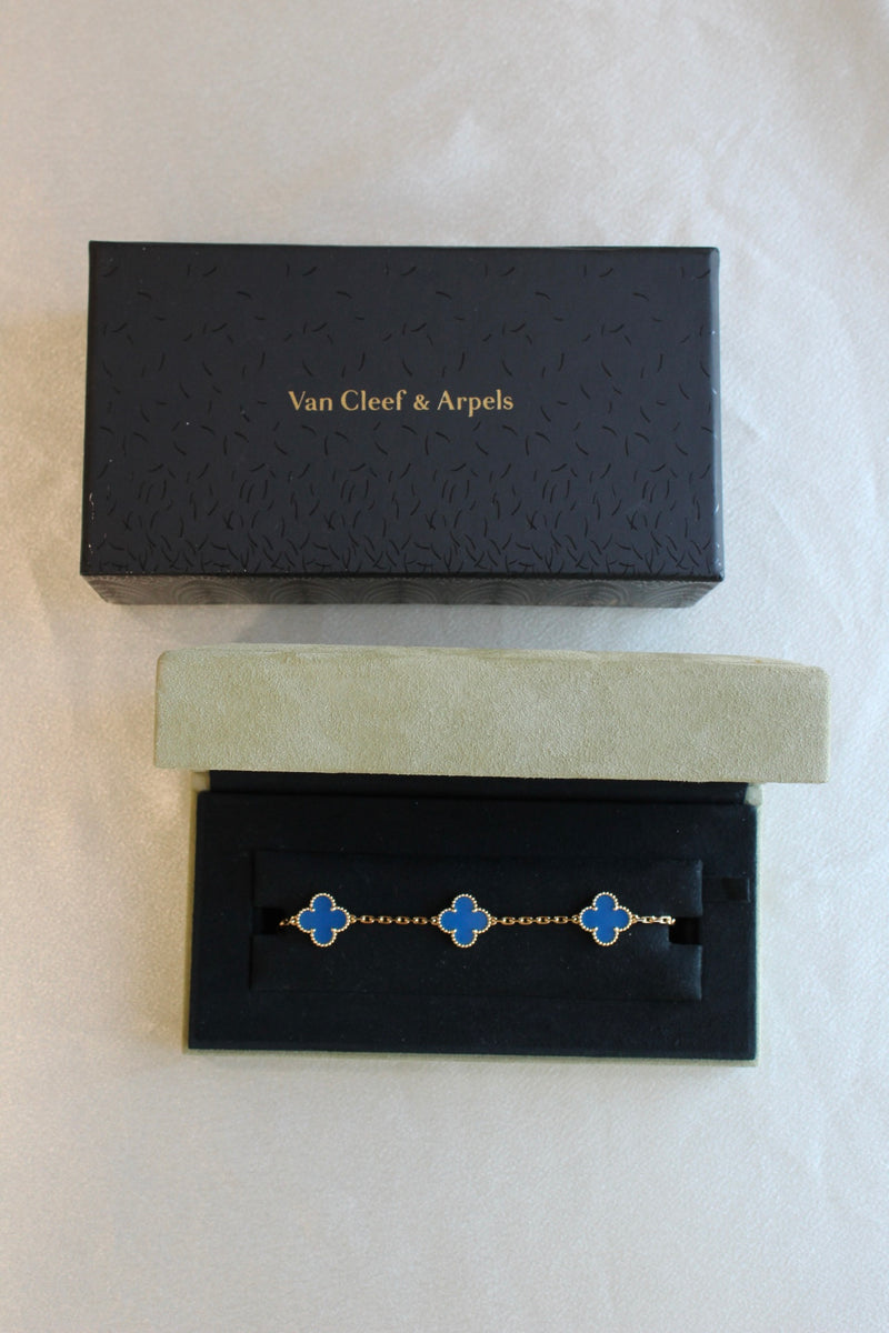 Van Cleef Arpels VCA Alhambra Blue Agate Clover Bracelet 18k Gold 7.25" Box