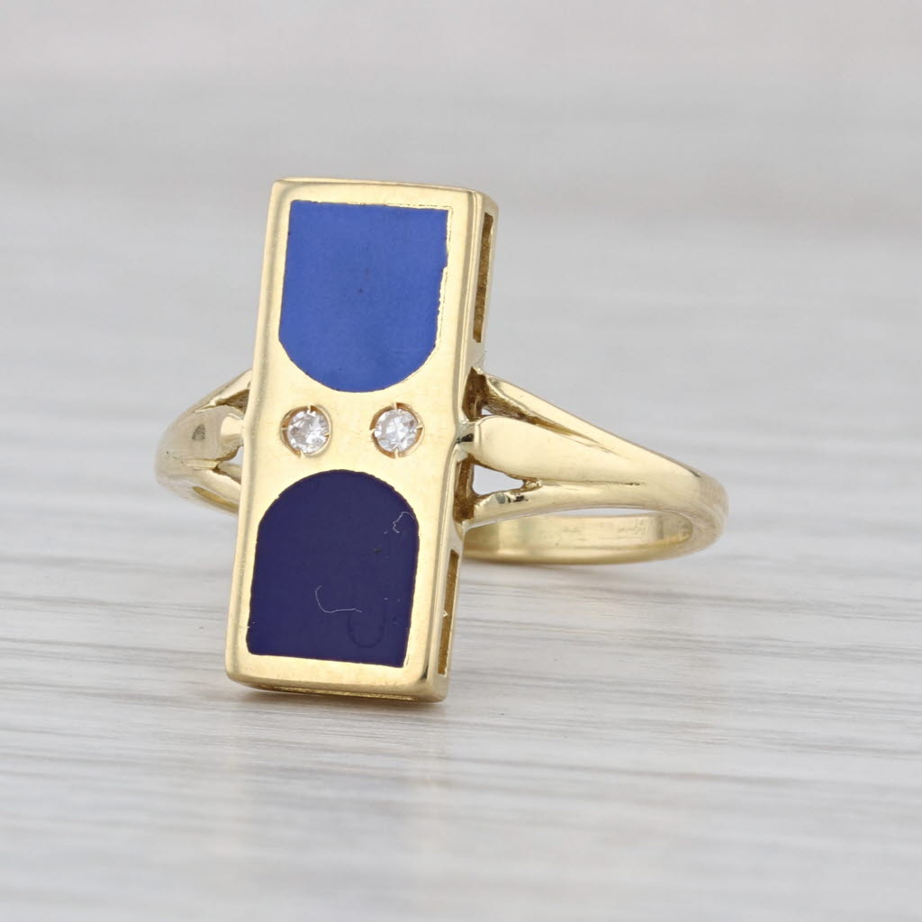 Italian Vibrant Blue Enamel Diamond Ring 18k Yellow Gold Size 6.75