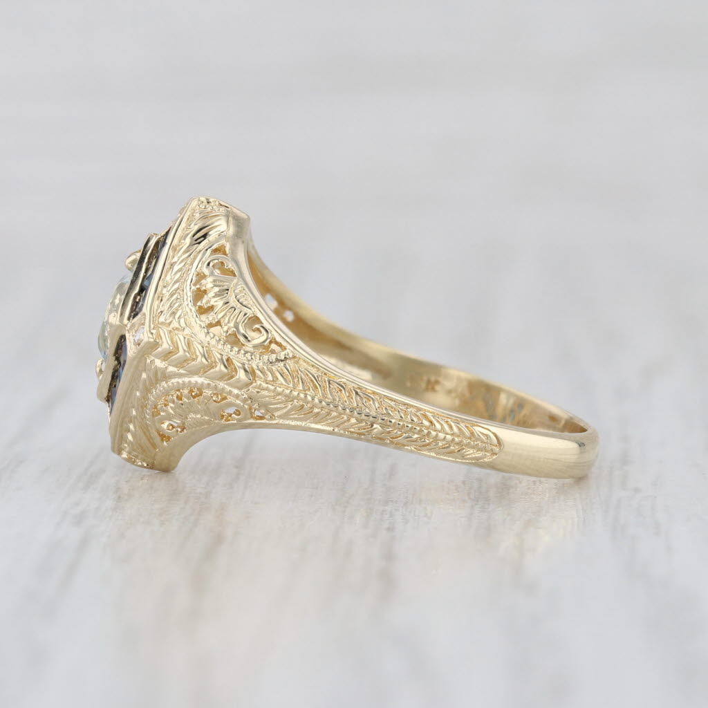 0.90ctw Aquamarine Sapphire Diamond Floral Filigree Ring 14k Yellow Gold Sz 8.25