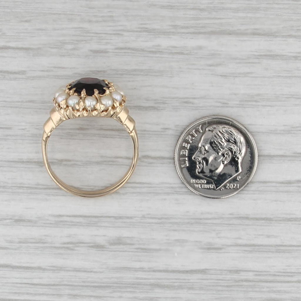 Vintage Oval Garnet Seed Pearl Halo Ring 12k Yellow Gold Size 8