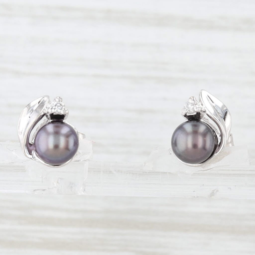 Lavender Cultured Black Pearl Diamond Stud Earrings 14k White Gold