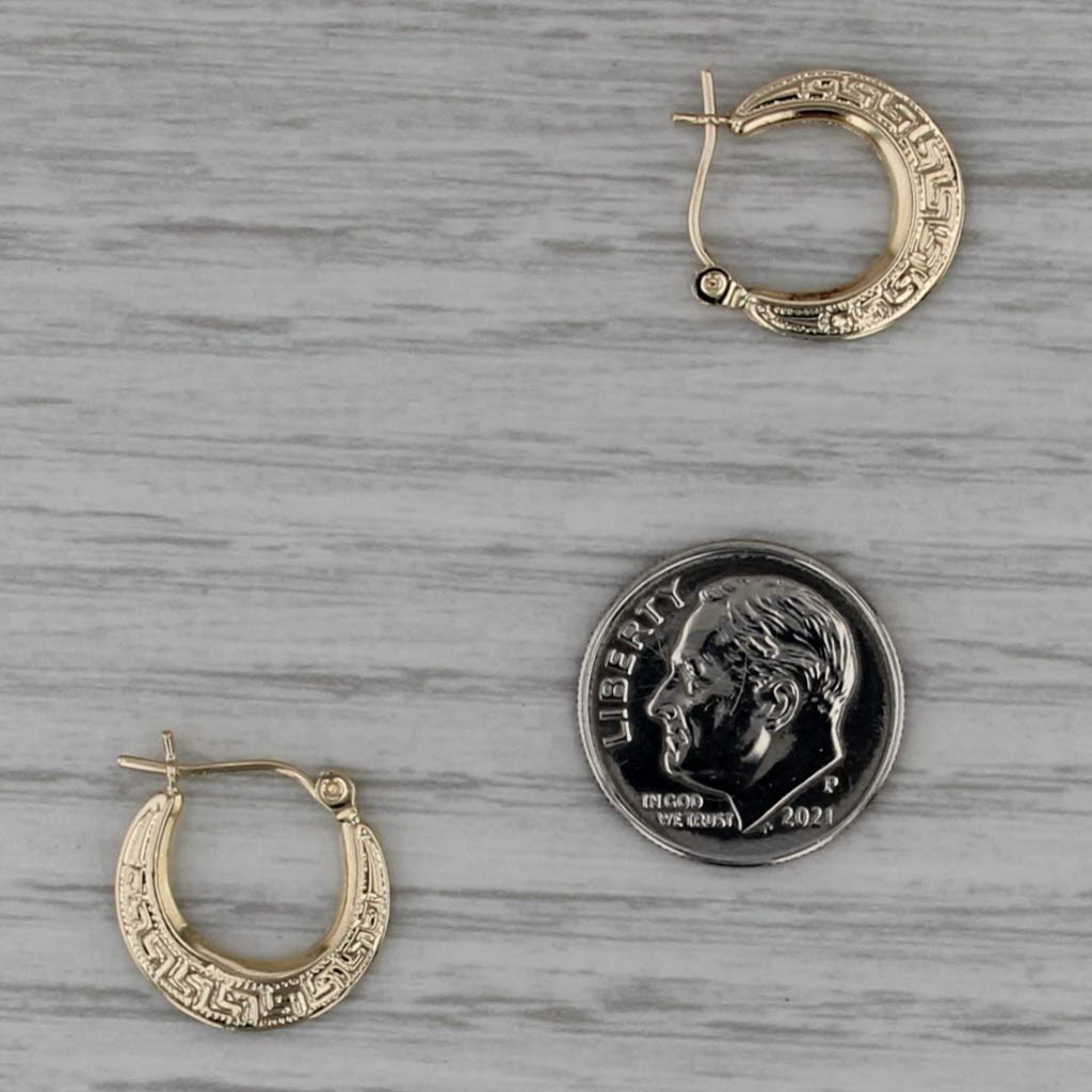 Greek Key Pattern Hoop Earrings 14k Yellow Gold Snap Top Hoops