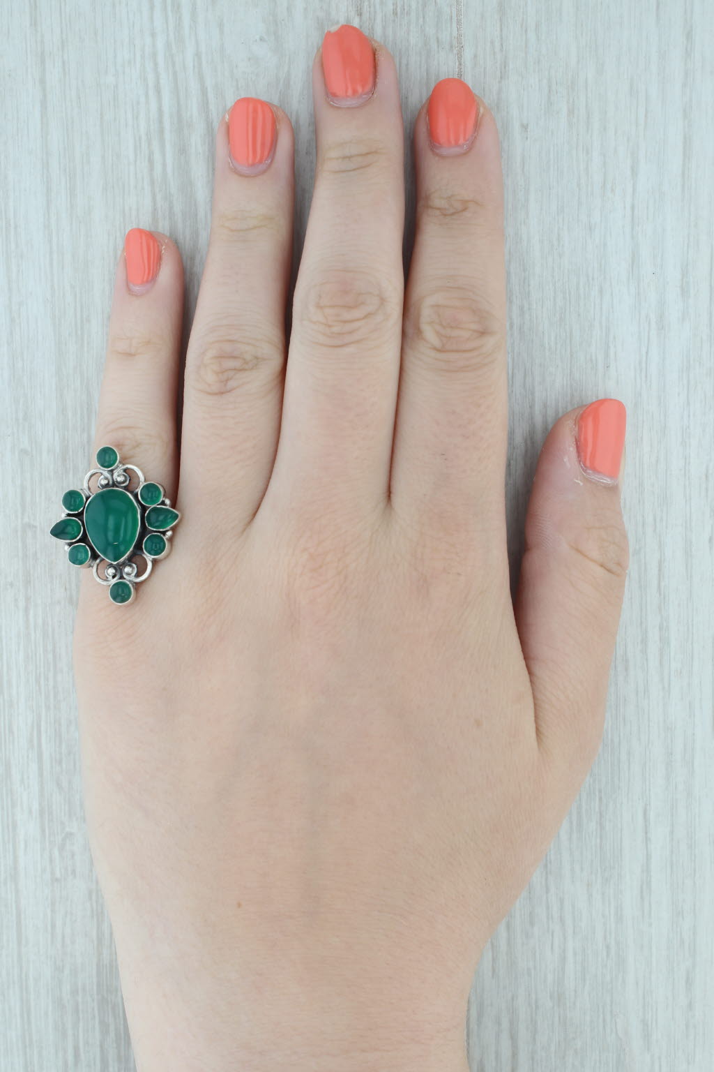 Gray Green Chalcedony Cocktail Ring Sterling Silver Size 6.25 Pear Cluster