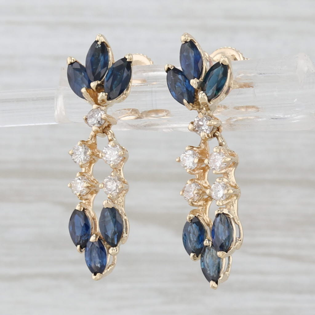 2.14ctw Blue Sapphire Diamond Dangle Earrings 14k Yellow Gold Drops