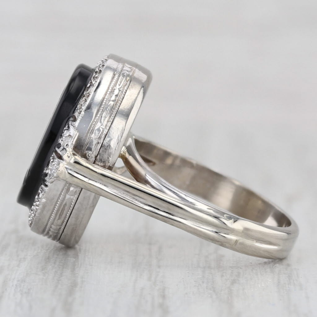 Onyx Intaglio Diamond Halo Ring 14k White Gold Platinum Size 6 Signet