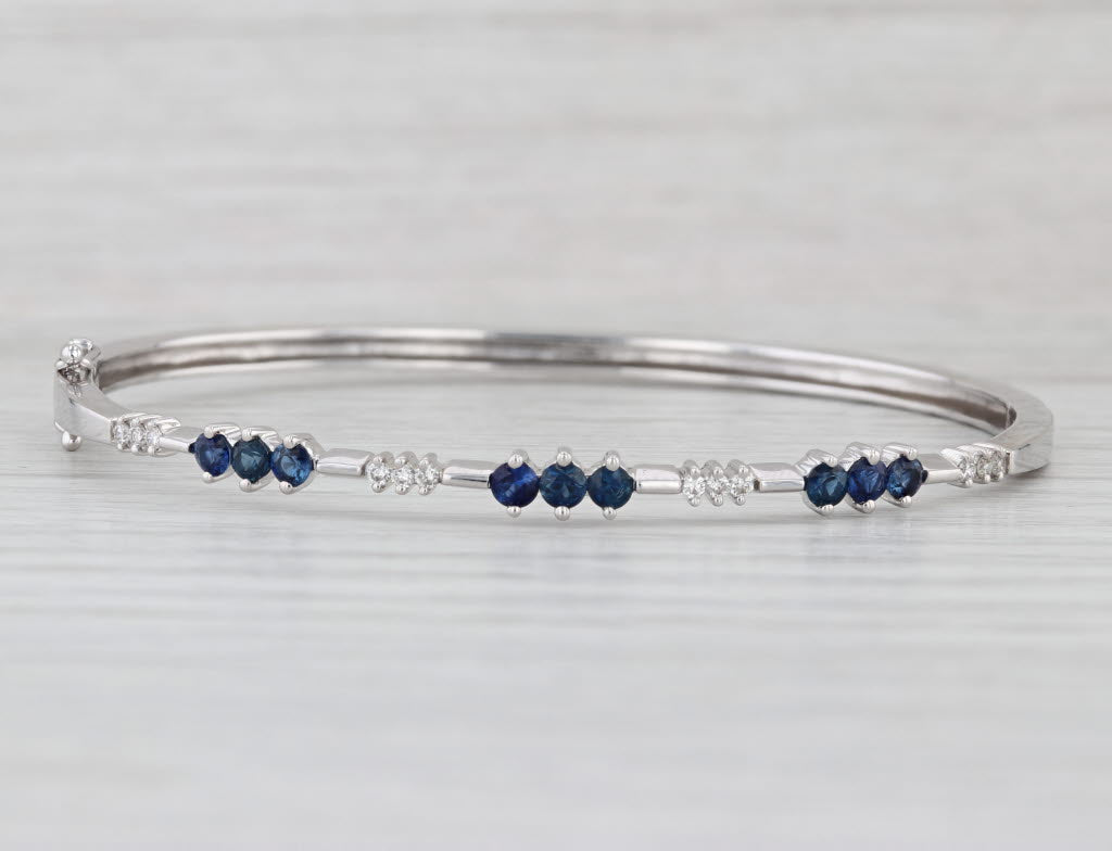 1.27ctw Blue Sapphire Diamond Bangle Bracelet 14k White Gold 7"
