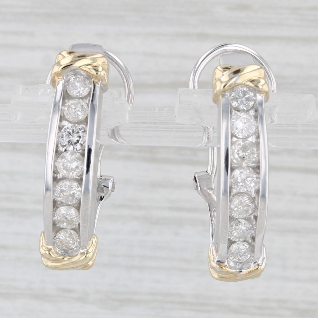 Light Gray 0.90ctw Diamond Journey J-Hook Earrings 10k Yellow White Gold Omega Back Drop