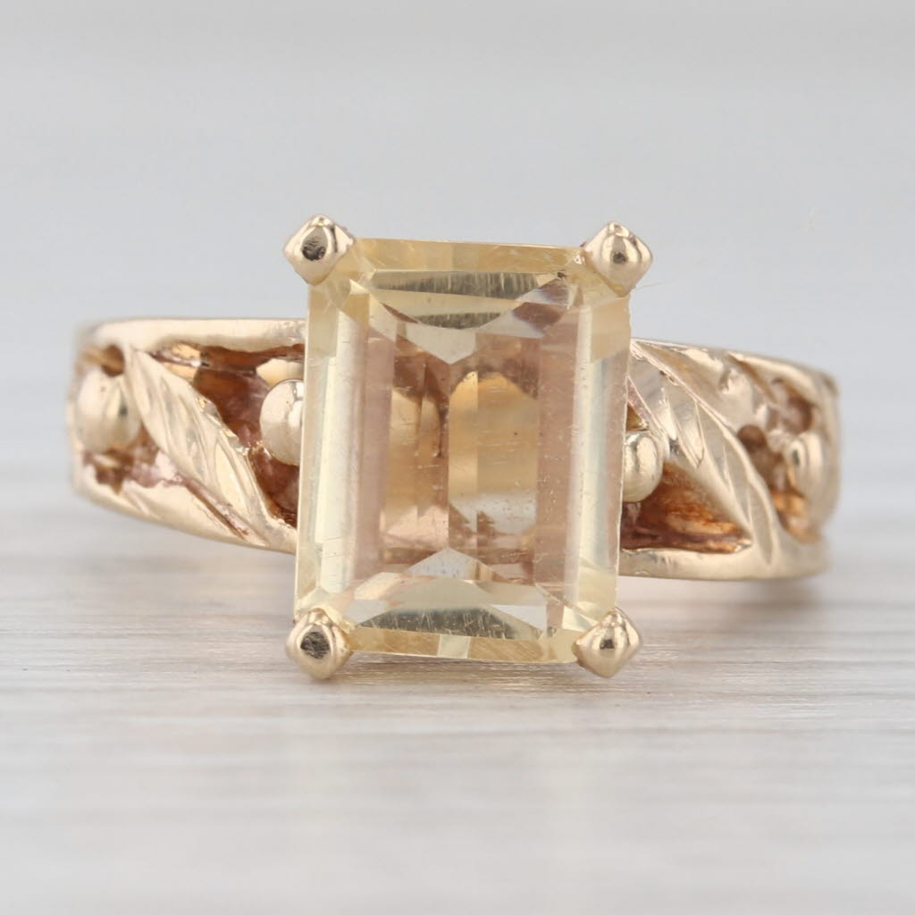 Light Gray 0.70ct Emerald Cut Citrine Solitaire Ring 14k Yellow Gold Floral Band Size 3