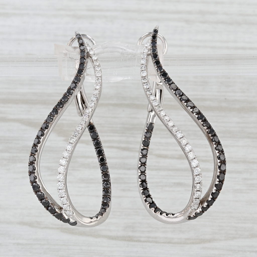 New 1.42ctw Black White Diamond Oval Hoop Earrings 14k White Gold Drops