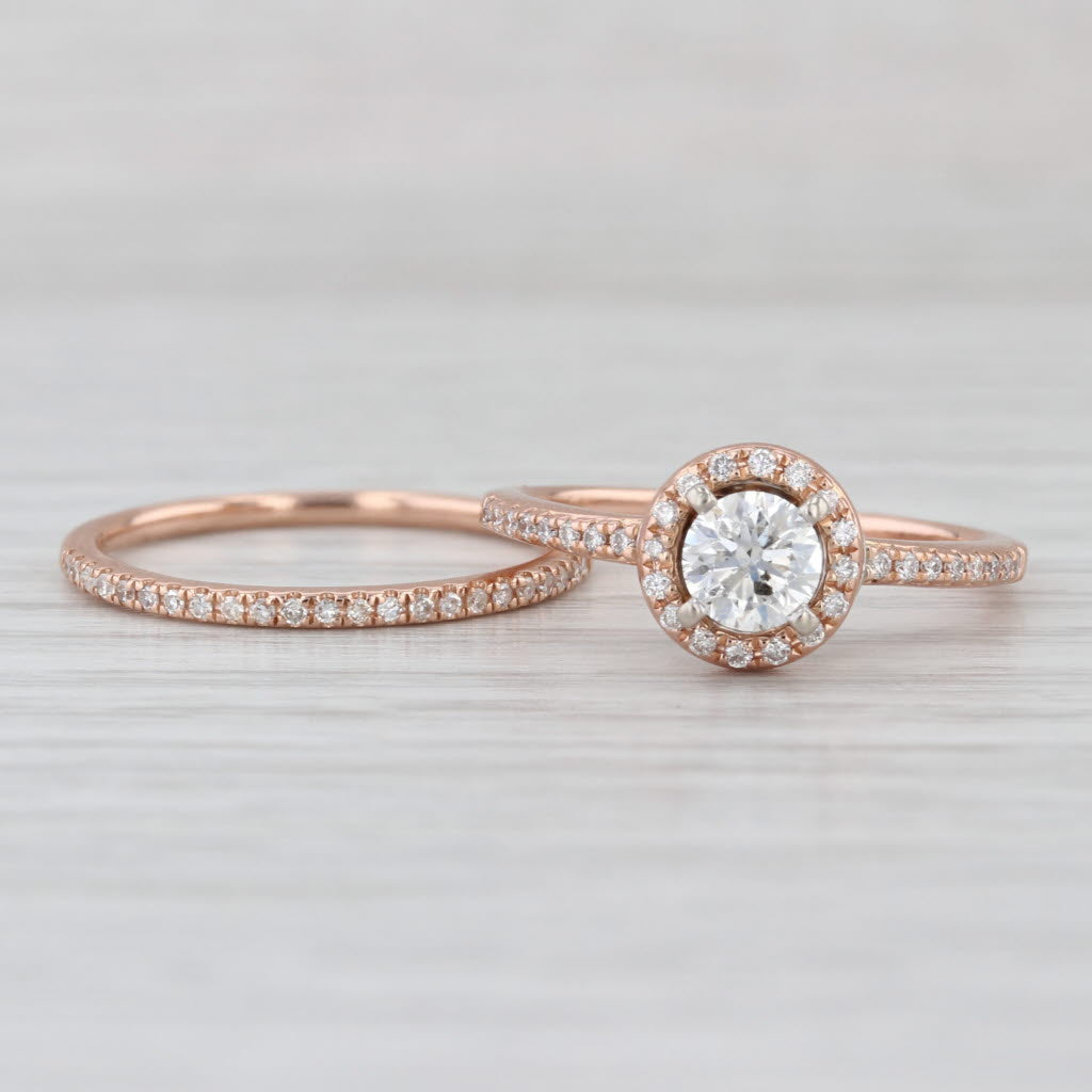 0.64ctw Round Diamond Halo Engagement Ring Wedding Band Bridal Set 10k Rose Gold