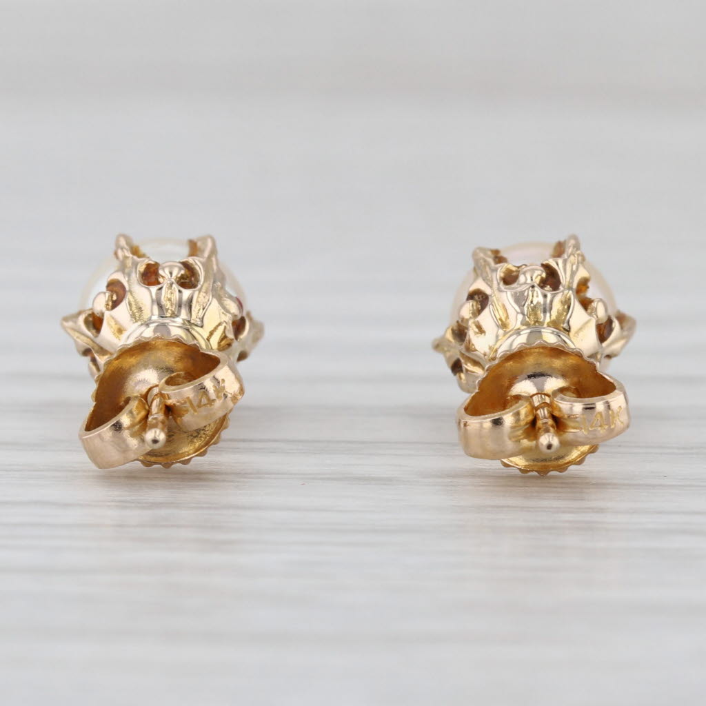 Ornate Vintage Cultured 7mm Pearl Stud Earrings 14k Yellow Gold Studs