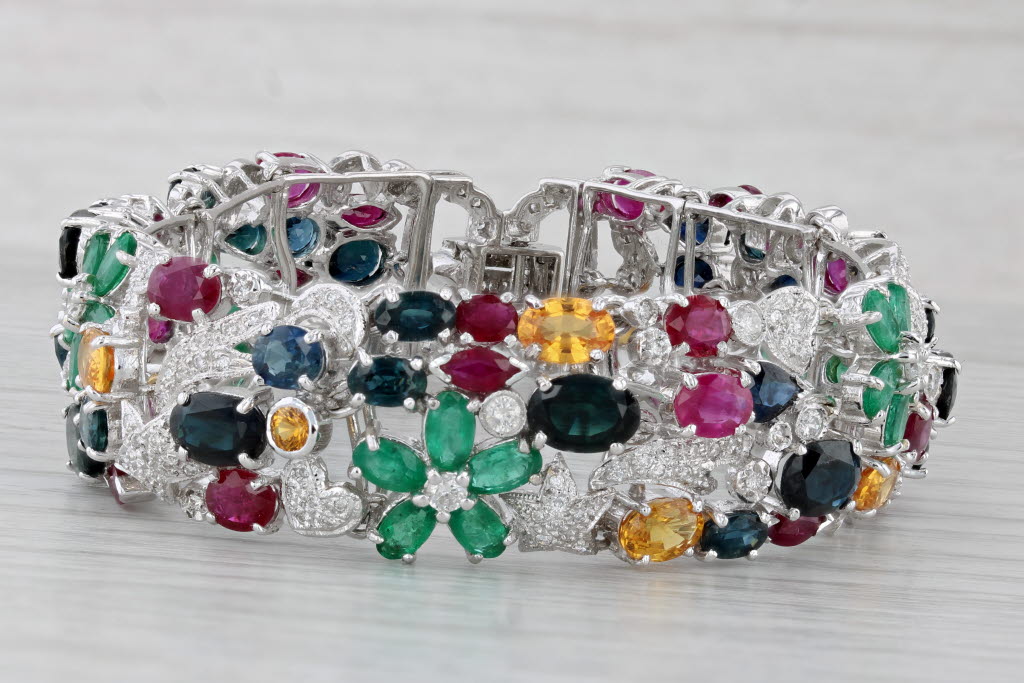 Gray 38.38ctw Tutti Frutti Gemstone Bracelet 18k Gold Ruby Emerald Sapphire Diamond