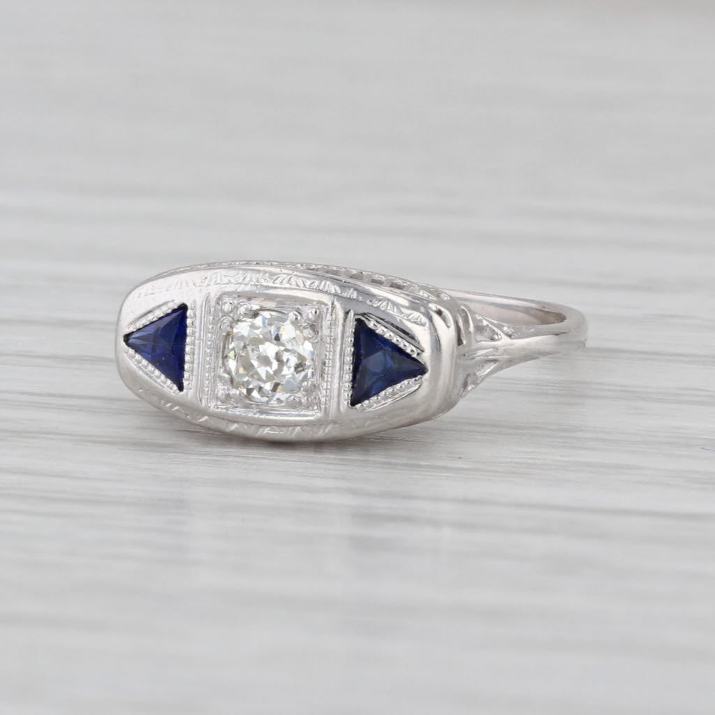 Art Deco Diamond Lab Created Sapphire Engagement Ring 18k White Gold Filigree