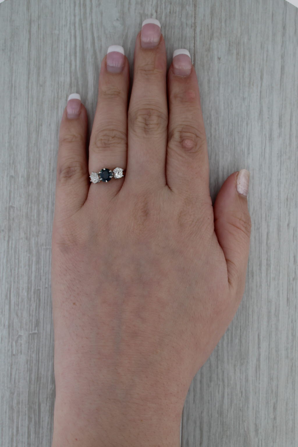 Antique 1.80ctw Blue Sapphire Diamond 3-Stone Ring 14k Yellow Gold Size 5.5