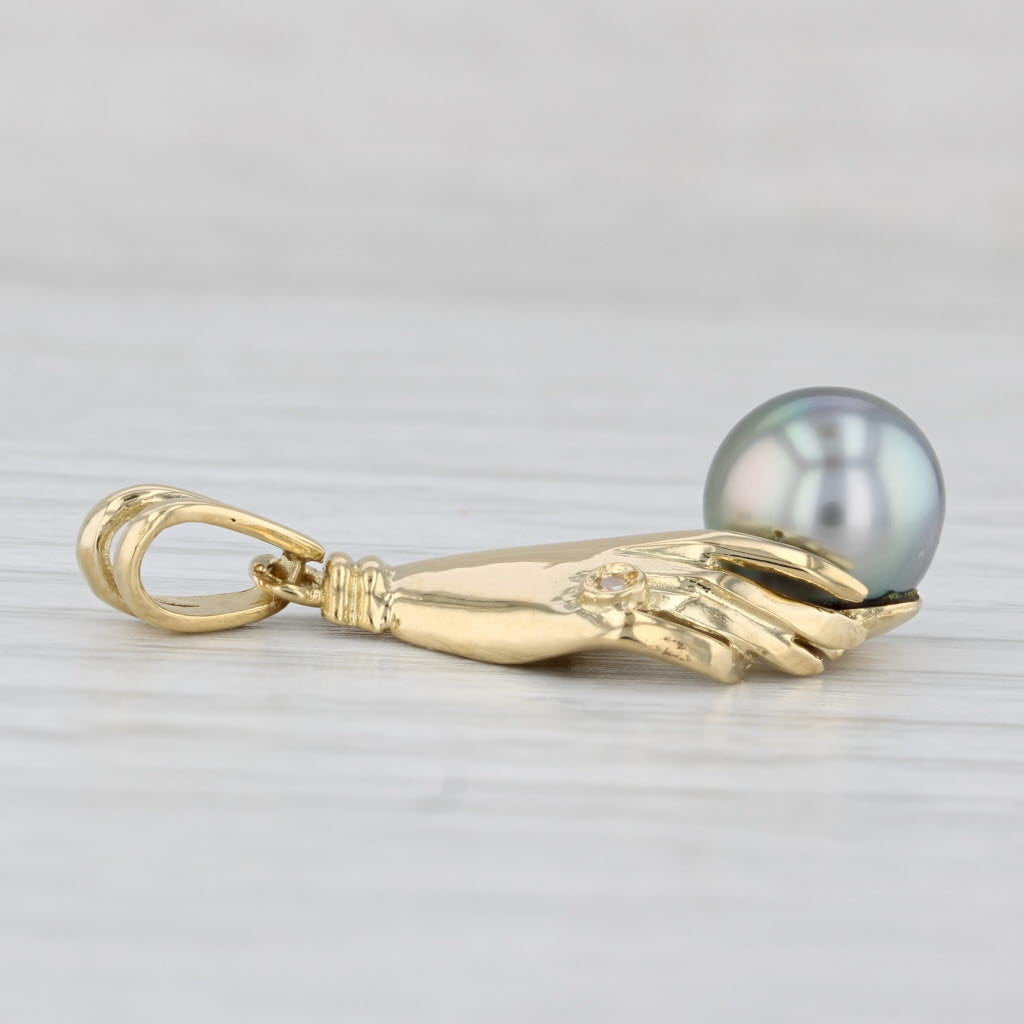 Light Gray Hand Holding Pearl Diamond Pendant 18k Gold Art Nouveau Style