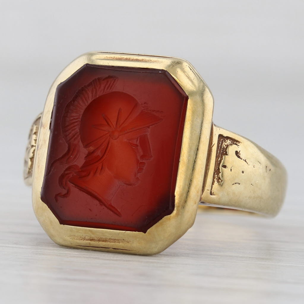 Gray Antique Intaglio Carnelian Ring 14k Yellow Gold Men's Signet