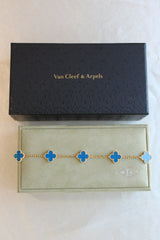 Van Cleef Arpels VCA Alhambra Blue Agate Clover Bracelet 18k Gold 7.25" Box
