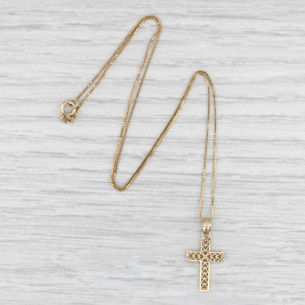 Filigree Hearts Cross Pendant 14k Yellow Gold 16" Box Chain