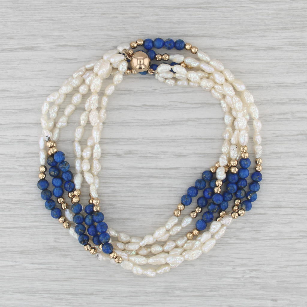 Pearl Lapis Lazuli 3-Strand Bead Necklace 14k Yellow Gold 18.25"