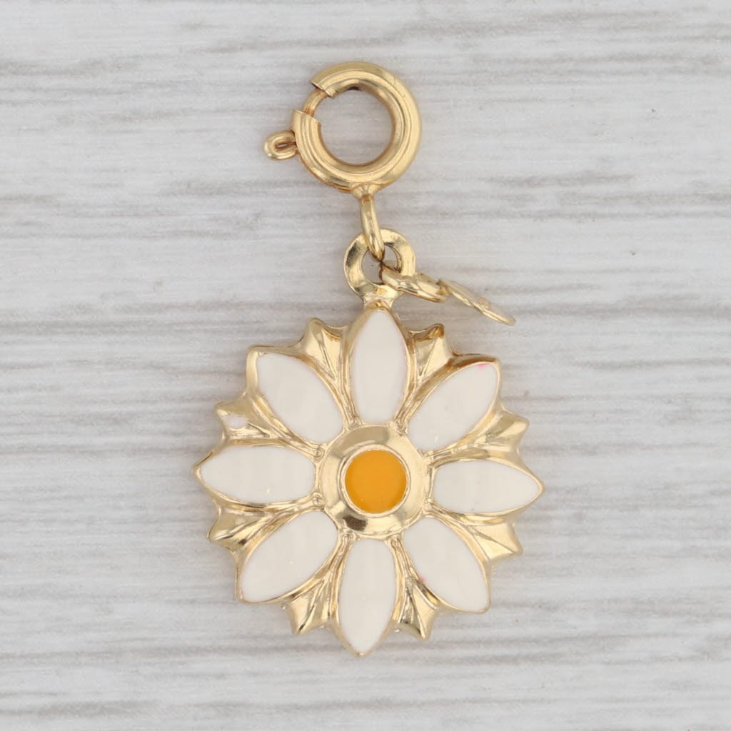 Gray Flower Charm 14k Yellow Gold Enamel Floral Pendant