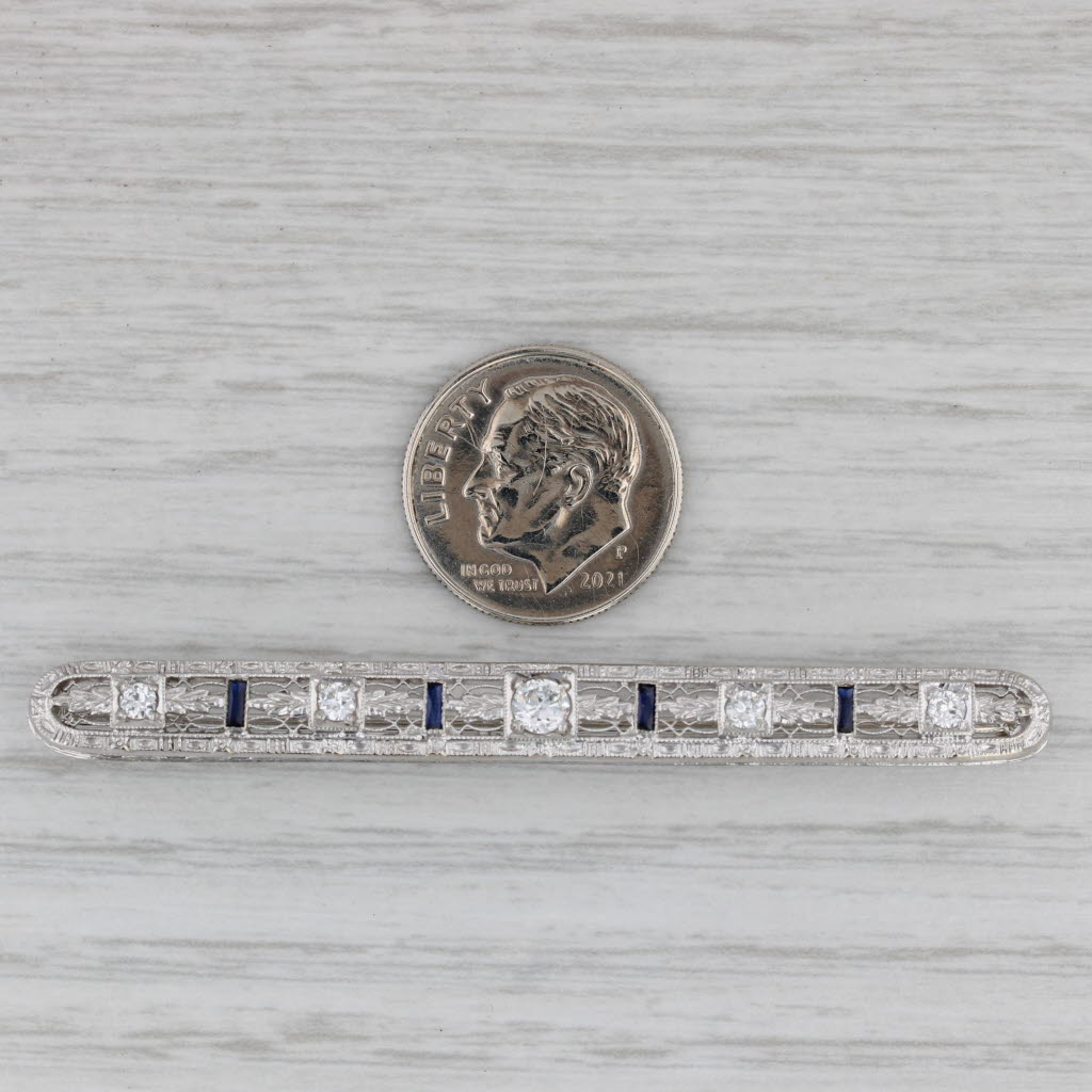 Gray Art Deco 0.44ctw Diamond Lab Created Sapphire 14k Gold Filigree Bar Pin