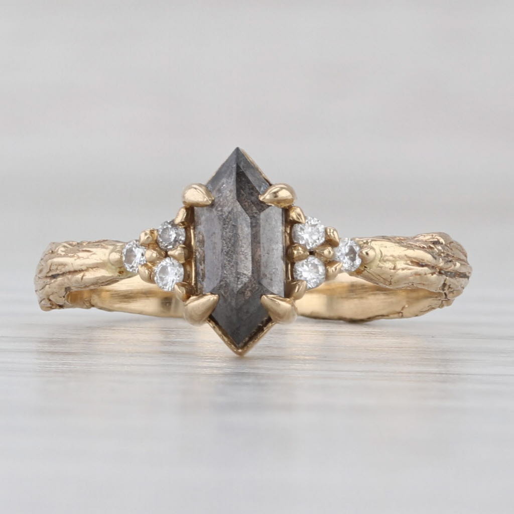 Custom Made Salt & Pepper Diamond Ring 14k Yellow Gold Size 6.5 Woodgrain Band