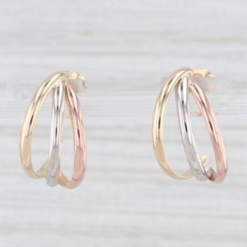 Light Gray Half Hoop Tri Toned Earrings 14k Yellow White Rose Gold Pierced Drops