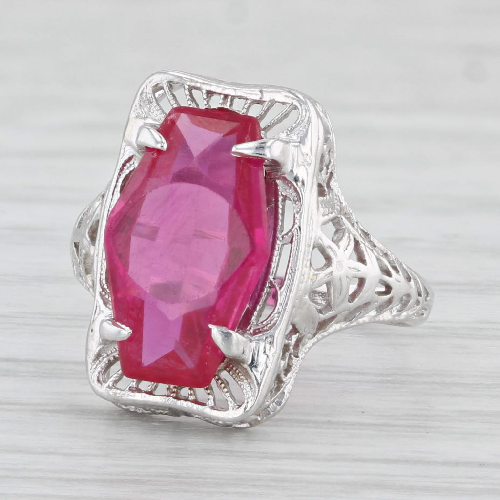 Light Gray Vintage 2.90ct Lab Created Ruby Solitaire Ring 10k White Gold Filigree Size 3.25