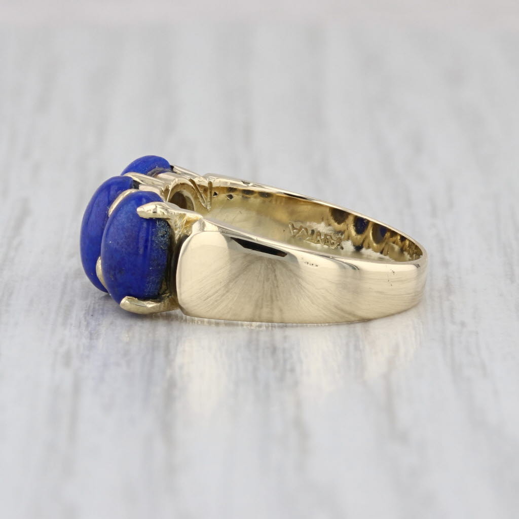 Lapis Lazuli 3-Stone Cabochon Ring 14k Yellow Gold Size 7-7.25
